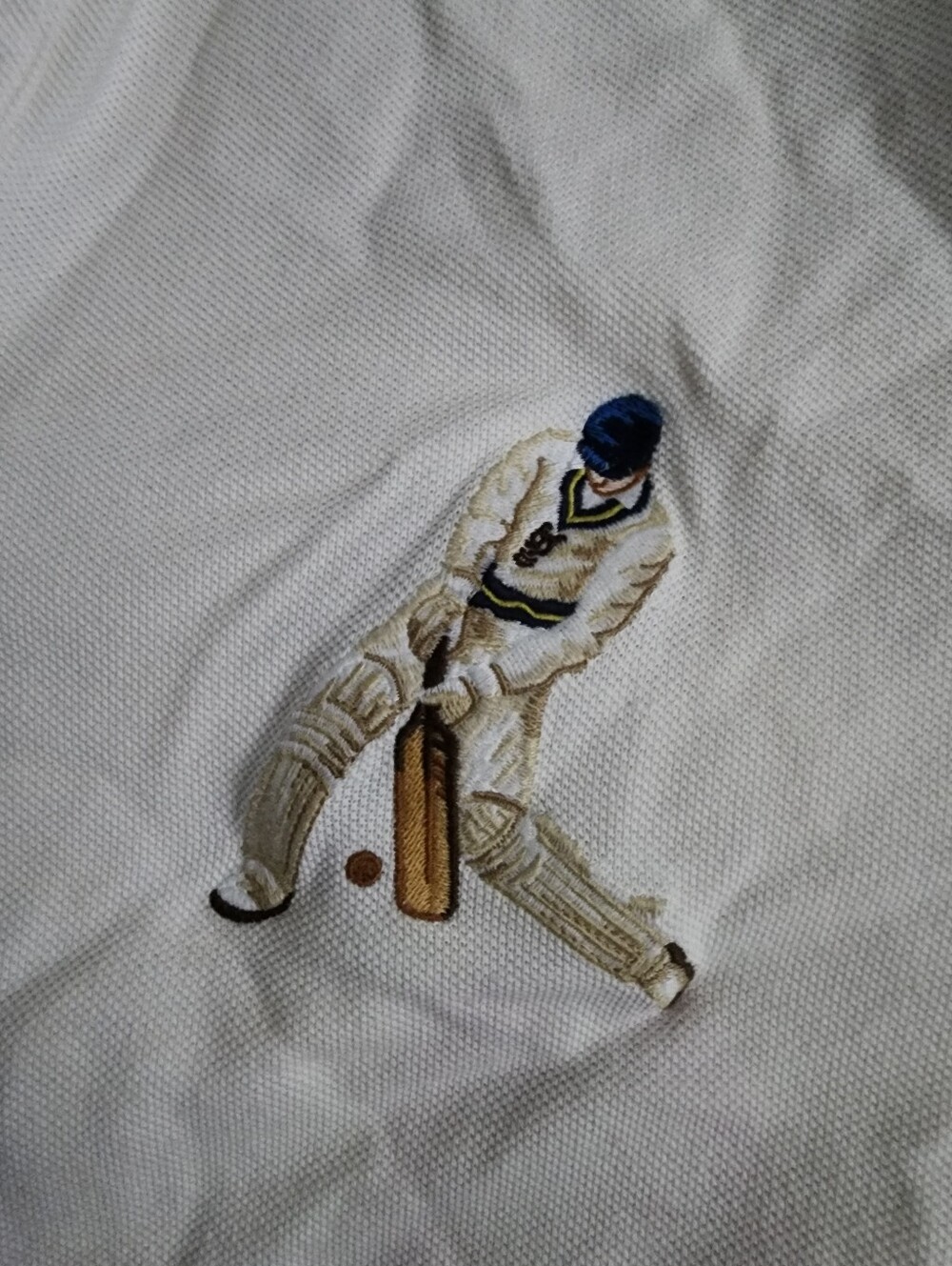 Ralph Lauren White Polo with Navy Diagonal Stripe & Cricket Player Patch. S-M